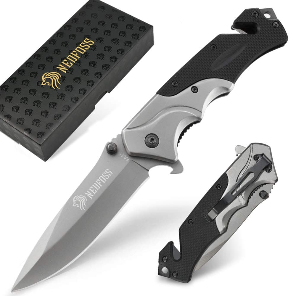FA49 Pocket Knife for Men, 4-in-1 Multitool Folding Knife with Glass Breaker, Seat Belt Cutter, Bottle Opener, Survival Knife for Emergency Rescue Situations, Home Improvements