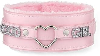 Pink Furry Heart O-ring Leather Choker Collar For Women, Handmade Punk Gothic Letter Necklace Adjustable Fashion Jewerly