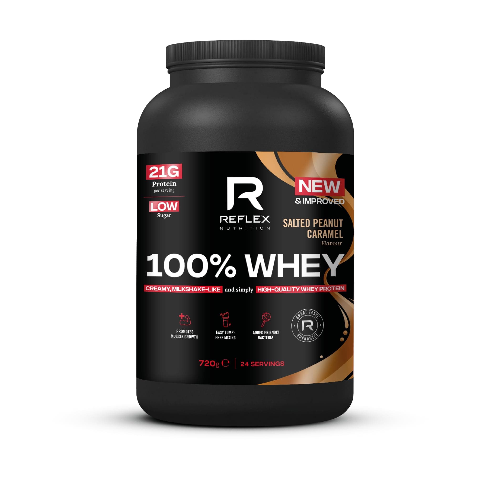Reflex Nutrition 100% Whey Protein - 80% Pure Whey Protein - EAA Amino Acids - No Added Sugar - Whey Protein Powder for Pre Workout & Post Workout Recovery (Salted Peanut Caramel, 720g, 24 Servings)