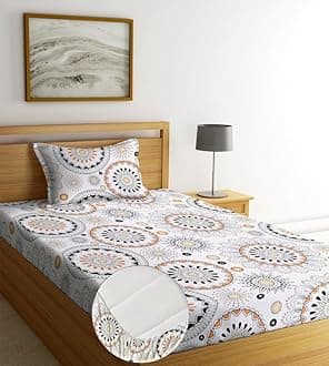 NEW LEAF Pure Cotton Elastic Fitted Bedsheets with 1 King Size Pillow Covers | Single Mattress Bed with All Around Elastic 210tc Supersoft | Size - 72 x 36 +6 inches | Tradittional, White & Black