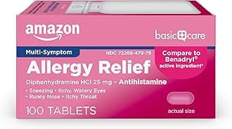 Allergy Relief Diphenhydramine HCl 25 mg, Antihistamine Tablets for Symptoms Due to Hay Fever and Upper Respiratory Allergies, Mini-Tabs, 100 Count