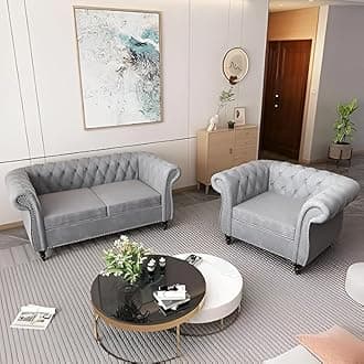 Modern Classic 3 Seater Sofa Couch Fabric & Valvet 2+1 Tufted Chesterfield Sofa Living Room and Office (Grey)