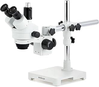 SM-3T Professional Trinocular Stereo Zoom Microscope, WH10x Eyepieces, 7X-45X Magnification, 0.7X-4.5X Zoom Objective, Ambient Lighting, Single-Arm Boom Stand