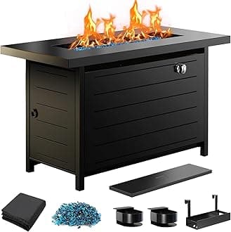 Ciays 43″ Propane Fire Pit with Glass Beads & Lid, 60,000 BTU CSA-Certified Gas Fire Pits with Cup Holders, Hanging Shelf & Nylon Cover, Large Fire Pit Table for Patio/Porch/Deck, Black