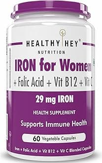 HealthyHey Nutrition Iron Supplement for Women -100% Chelated - With Vitamin B12, Folic Acid & Vitamin C for High Absorption (60 Veg Capsules)