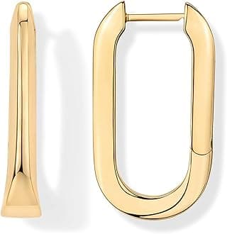 14K Gold Plated 925 Sterling Silver Posts Geometric Hoop Earrings for Women | Trendy Geo Long Oval U-Shaped Link Triangle Huggie Hoops Earring
