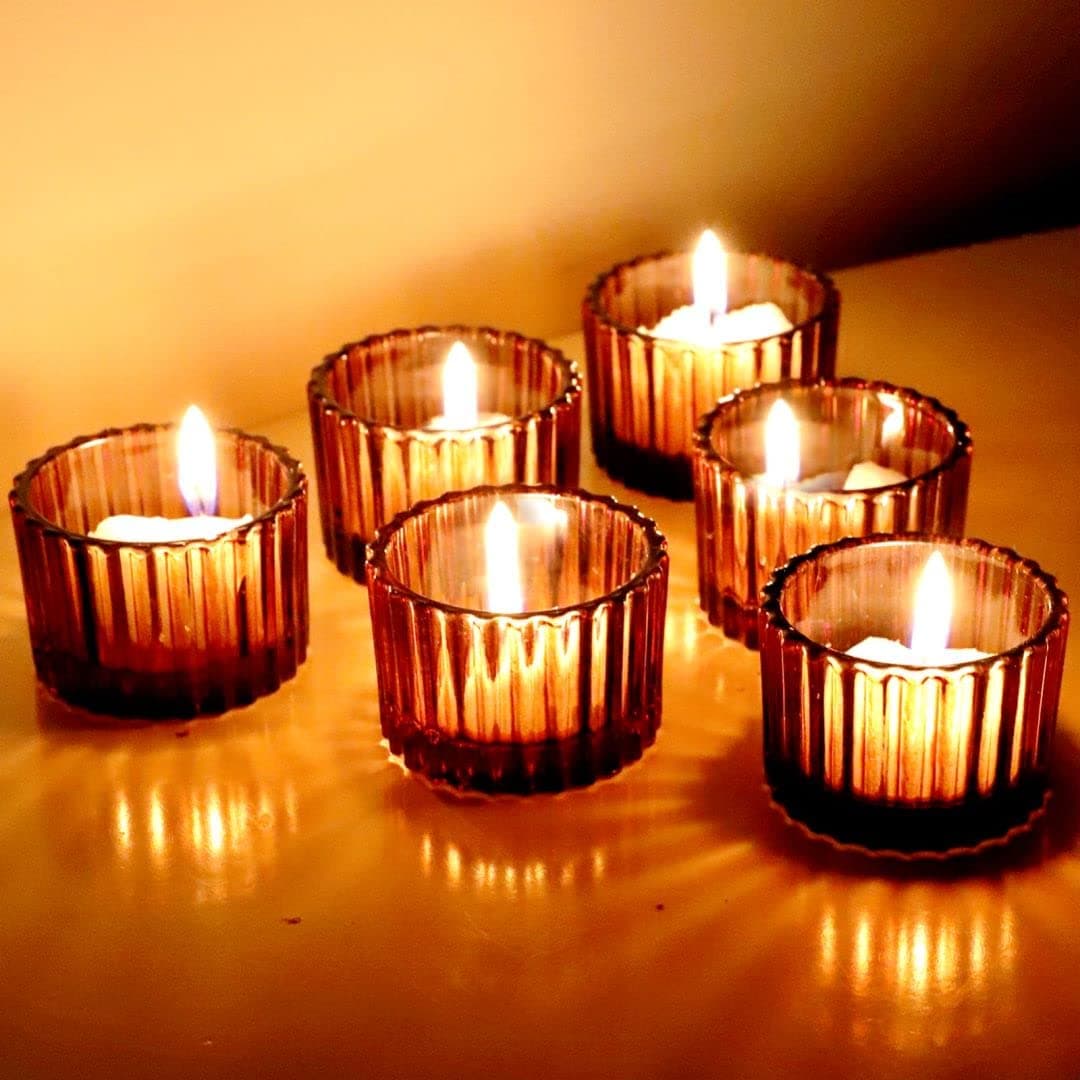 Amber Tealight Candle Holder Set of 12, 2'' x 1.4'' Glass Brown Small Votive Candle Holders Home Decoration, Clear Tealight Candles Holder for Table Centerpieces and Wedding Decor