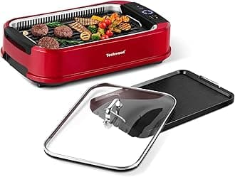 Indoor Smokeless Grill, Techwood 1500W Electric Indoor Grill with Tempered Glass Lid, Portable Non-stick BBQ Korean Grill, Turbo Smoke Extractor Technology, Drip Tray& Double Removable Plate, Red
