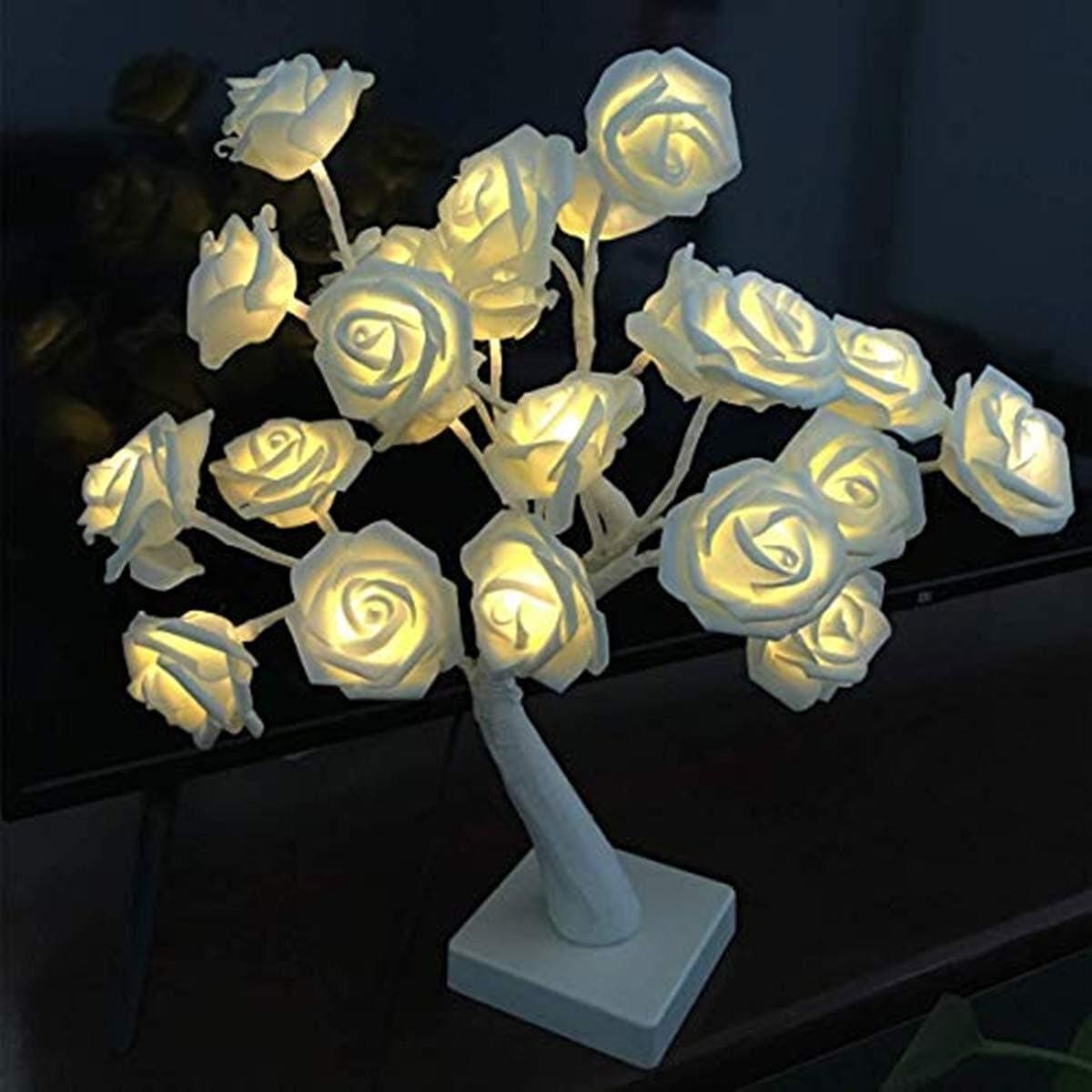 Rose Flower Bedroom Table Lamp Night Light Warm White with Timer, Battery Powered 24 LEDs Rose Tree Lights, for Girl Daughter' Gift Home Party Wedding Decor (Creamy-White Rose)