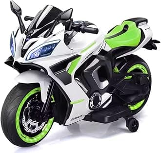 LittleFlyer Rechargeable Battery Operated Ride on Bike for Kids, Electric Toy Bike with Leather Seat, Wheels Lights, Music and Key Start for Kids of Age 2 to 10 Years (White&Green)