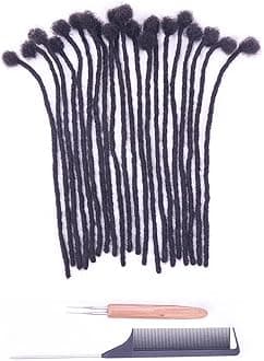 0.4cm Width 16 Inch 60 Strands 100% Human Hair Loc Extensions, Full Handmade Dreadlock Extensions for Men Women Kids Can Be Dyed and Bleached with Needle and Comb Unprocessed Natural Black