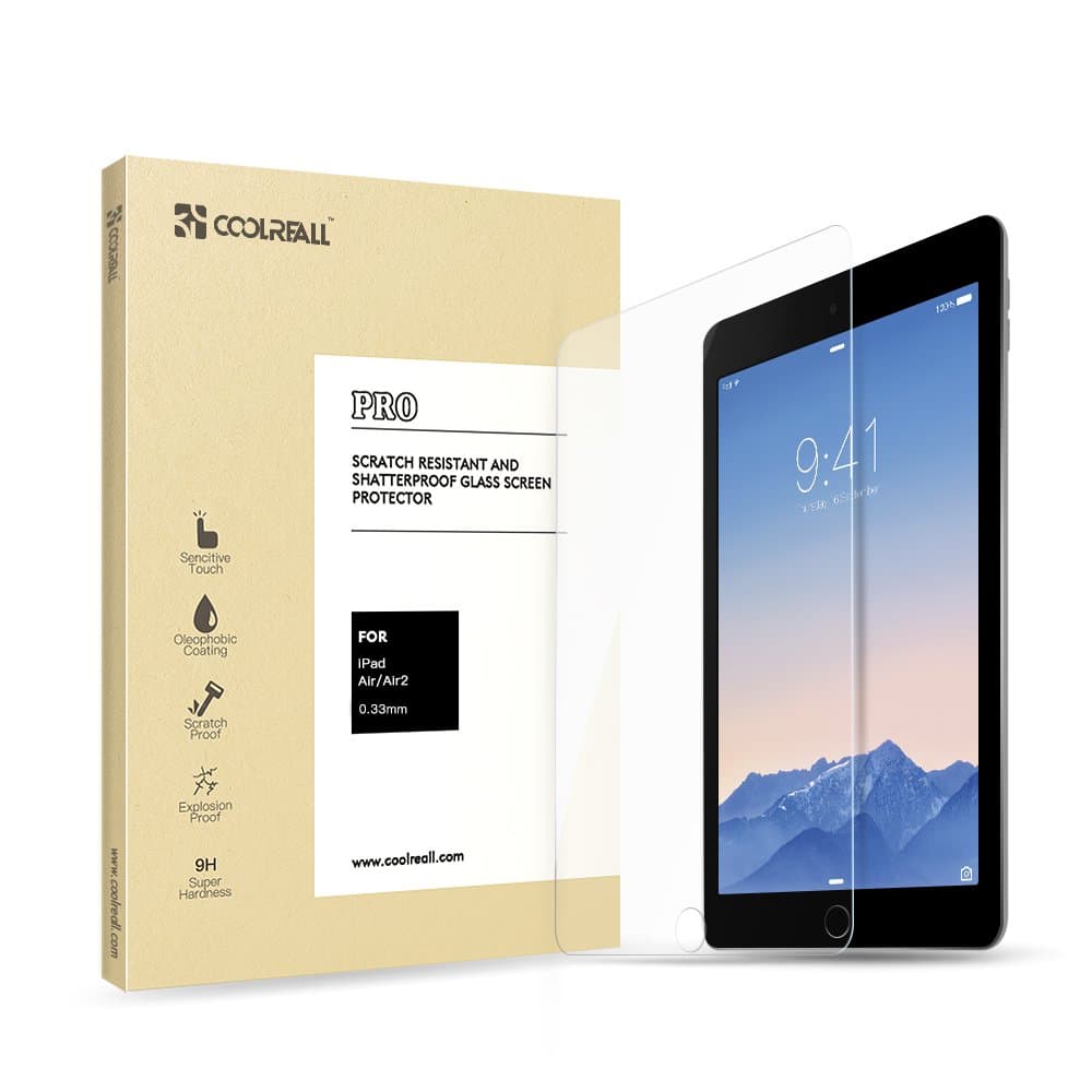 COOLREALL iPad Air 1/2, iPad Pro 9.7 Screen Protector, Premium Tempered Glass Screen Protector Film For iPad Air/iPad Air 2 / iPad Pro 9.7 [0,33 mm HD Ultra Transparent, 9H Hardness]