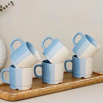 The Earth Store TT Blue Lining Ceramic Tea Cup Set of 6, 180 ML Microwave and Dishwasher Safe Chai/Tea Cup | Coffee Cup | Perfect for Home, Office, Parties & Gifting