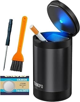 THIKPO Car Ashtray with Lid, Portable Ashtray for Car, Mini Car Trash Can, Detachable Stainless Steel Smokeless Ash Tray with LED Blue Light