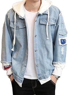 LavnisMen's Denim Hooded Jacket Casual Button Down Ripped Jeans Jacket Coat Outwear