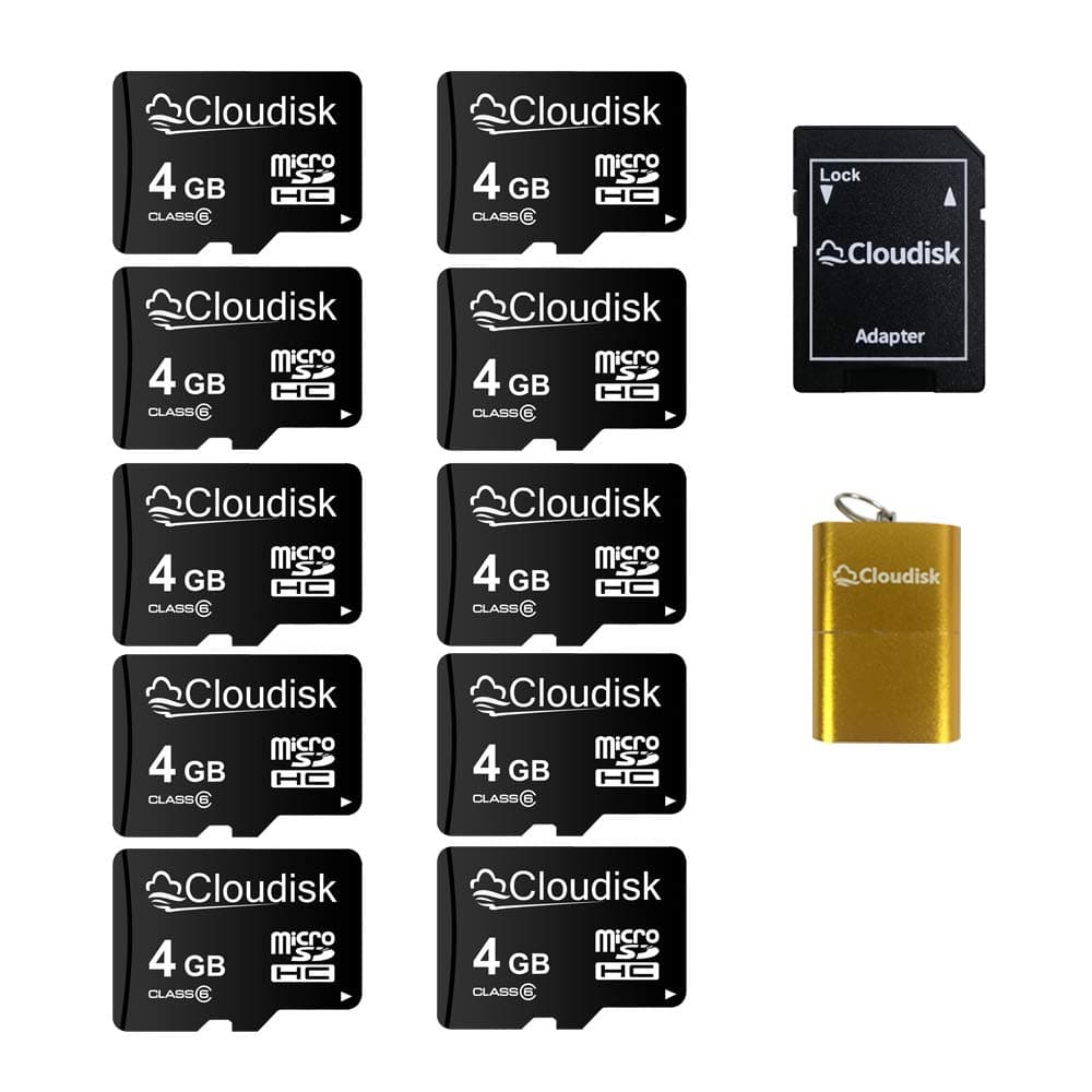 Pack of 10 Micro SD Card 4GB Flash Memory Card C6 Micro SDHC with SD Adapter, Card Reader (4GB)