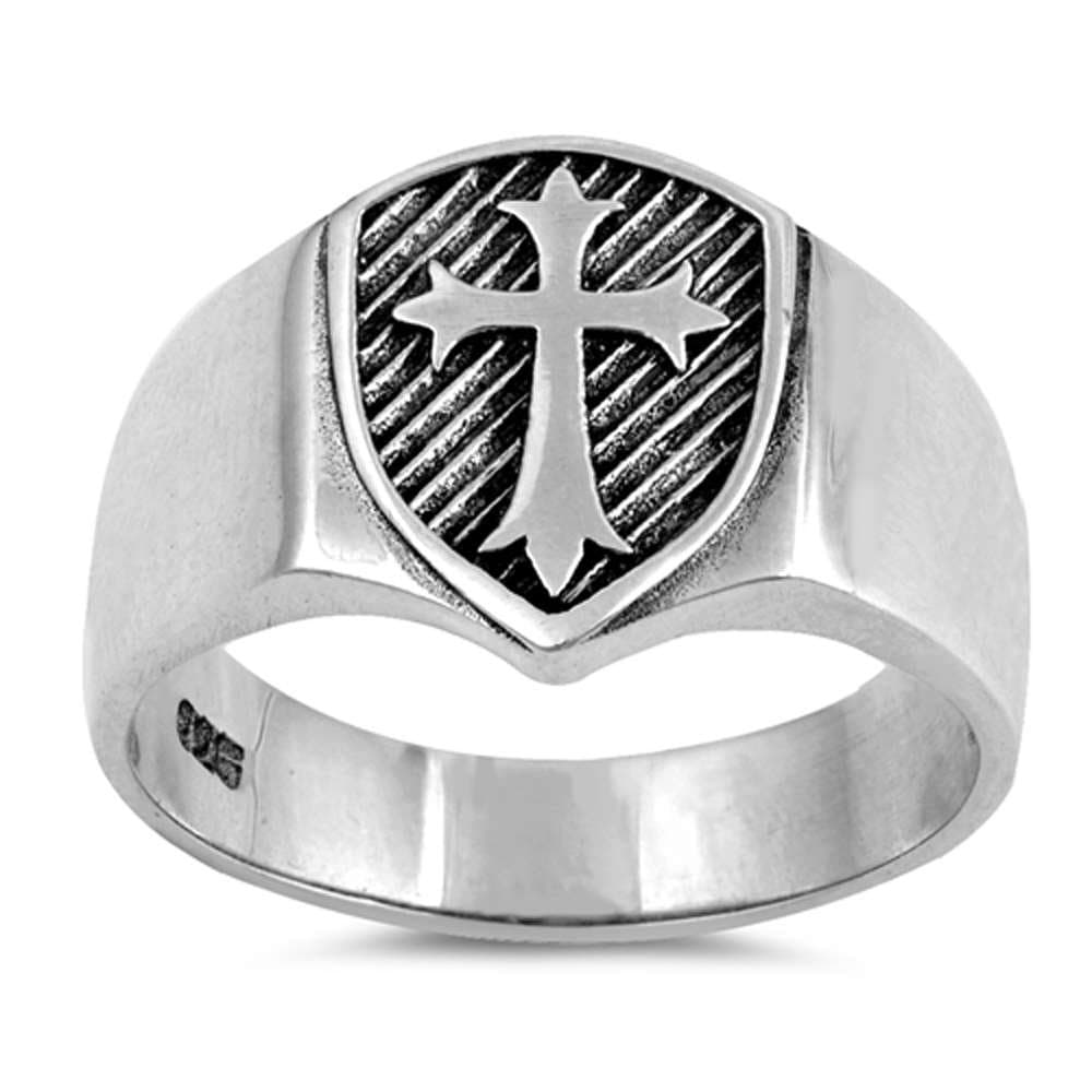 Oxford Diamond Co Sterling Silver Men's Solid Medieval Shield Cross Band Ring Sizes 6-13