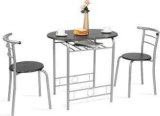 VINGLI 3 Piece Dining Set,Small Kitchen Table Set for 2,Breakfast Table Set,Kitchen Wooden Table and 2 Chairs for Small Space/Dining Room/Apartment,Metal Frame,Wine Rack,Sliver&Black