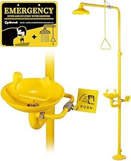 CGOLDENWALL Emergency Shower Eye Wash Station Combination Eye Wash Station with Shower, NPT Thread, with Emergency Sign, 304 Stainless Steel+Yellow Coating