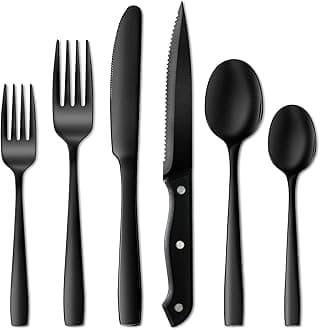 NETANY 24 Pieces Black Silverware Set, Black Flatware Set, Food-Grade Stainless Steel Cutlery Set for 4, Tableware Eating Utensils, Mirror Finished, Dishwasher Safe