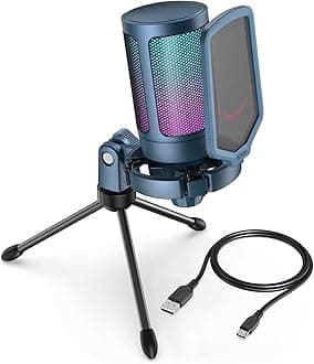Gaming Streaming USB PC Microphone for Mac OS/Windows, AmpliGame Condenser Cardioid Mic with RGB for Video Vocal Recording Twitch Discord, Gamer Computer Mic-Blue