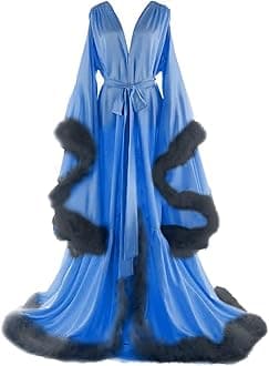 Women's Feather Bridal Robes Old Hollywood Maternity Photoshoot Nightgown Silk Bathrobe Long Lingerie