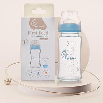 First Feed Baby Glass Feeding Bottle 240ml with Anti-Colic Wide Neck, BPA Free Soft Silicone Nipple, Milk Feeder for New Born/Infants/Toddler Kids of 6+ Months (Lake Blue)