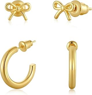 Gold Hoop Earrings Set for Women Trendy, 14K Gold Plated Chunky Hypoallergenic Small Diamond Cartilage Hoops Cute Cubic Zirconia Dangle Stud Earrings Jewelry Gifts