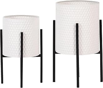 Decorative Flower Pots with Metal Stand for Home Decor - Modern Planters for Hallway, Entryway, and Living Room Decor - Indoor and Outdoor Pots for Plants - Set of 2, 23", 19", White & Black