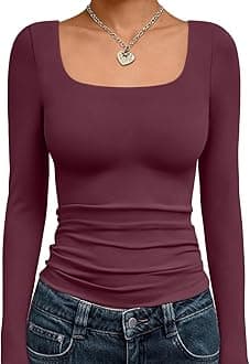 Trendy Queen Womens Square Neck Long Sleeve Shirts Double Lined Slim Fit Tops Y2K Going Out Basic Tees