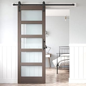 30 x 84 Inch Glass Sliding Barn Door Slab and 5.5ft Hardware Kit Included, MDF Wood Panel Covered with Water-Proof Scratch-Resistant PVC Surface, Easy to Clean, Simple DIY Assembly