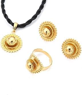 Necklace Pendants Earrings Ring Set Gold Filled Plated Jewelry African Ethiopia Flower Jewelry Set