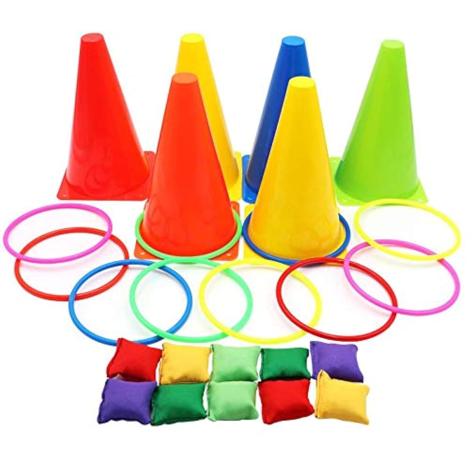 3 In 1 Carnival Combo Set Traffic Cone Ring Toss Game with Bean Bags Plastic Multicolor Throwing Circle Activity Rings for Kids Outdoor Indoor Games