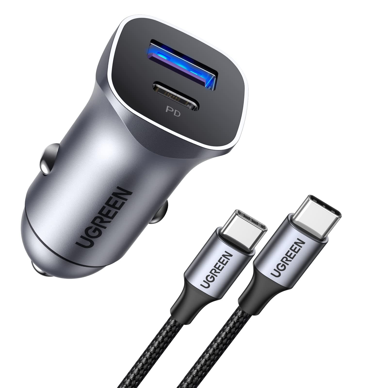 UGREEN 30W USB C USB A Car Charger with 1M Cable, PD 3.0 Fast Charge, QC 3.0, Compatible with iPhone 16,15,14 Plus Pro MAX iPad Pro Galaxy S23,S22,Note 20 Pixel 7,6