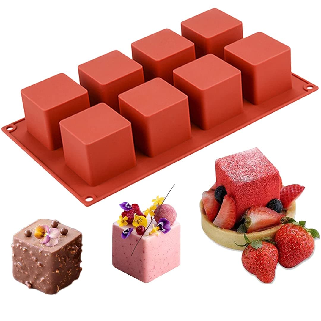 JOERSH Cube Cake Silicone Mold | 2" x 2" x 2" 3D Square Mini Mousse Cake Baking Mold, French Dessert Molds for Chocolate, Jello, Brownie Bites, Ice Cream Cube, 8-Cavity