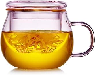 DOPUDO 11oz Pink Glass Tea Cup with Infuser and Lid– Versatile and Elegant Gift for Women, Perfect for Loose Leaf Tea and Other Beverages.