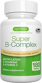 Super B-Complex – Methylated Sustained Release B Complex & Vitamin C, Folate & Methylcobalamin, Vegan, Energy, Heart & Brain Function, 180 Small Tablets