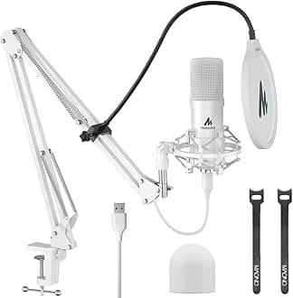 MAONO USB Microphone, 192kHz/24bit Plug & Play Podcast Condenser Cardioid Metal Microphone Kit with Professional Sound Chipset for Recording, Gaming, Singing, Youtube, AU-A04 White