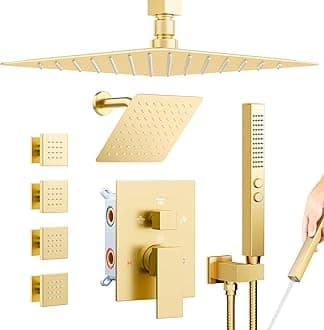 Brushed Gold Shower System with Body Jets, Bostingner 4 Way Shower Faucet Set with 2 in1 Handheld,Ceiling Mount 12 Inch Shower Head with 6 Inch Shower Head,4Pcs Body Jets With Dual Head Shower Set