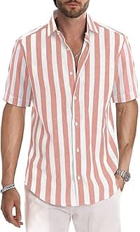 JMIERR Men's Casual Stylish Short Sleeve Button-Up Striped Dress Shirt Cotton Beach Shirts