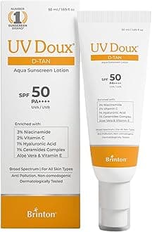 UV Doux D-Tan Aqua Sunscreen Lotion SPF 50 PA++++ | With Niacinamide, Vitamin C, Hyaluronic Acid, Ceramide, Aloe Vera & Vitamin E | Broad Spectrum | Benzene-Free | For Dry & Sensitive Skin | 50 ml