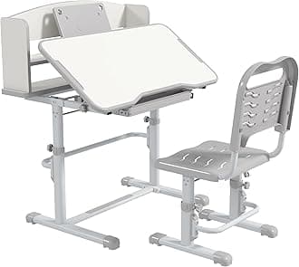 ZONEKIZ Kids Desk and Chair Set, Height Adjustable Children School Study Table with Drawer, Bookshelf, Adjustable Angle Tabletop, Non-slip Mat, for Ages 6-12 Years - Grey