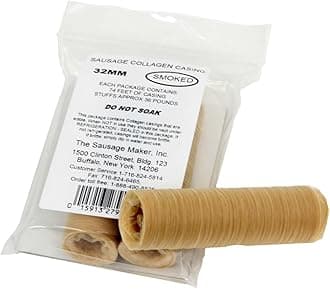 The Sausage Maker® 32mm Collagen Casings For Sausage Making, Edible, Clear, Smoked Beef Collagen Sticks, 1.25” Diameter Bratwurst, Pepperoni, 74 Feet Sausage Skin, Stuff 36 Lbs Meat