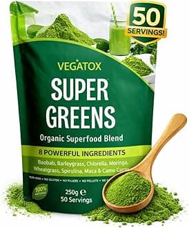 Super Greens Powder 250g | Ultimate Immune Support | Green Powder Superfood for Immunity, Energy and Detox | Vegan, 100% Natural & Alkaline | No Additives, No GMO, No Gluten, No Fillers | 50 Servings