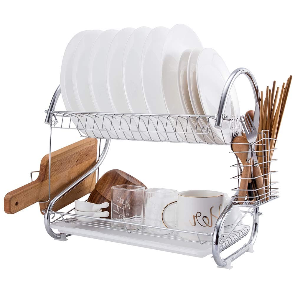 Dish Drying Rack, FIRECOW 2 Tier Dish Rack with Utensil Holder, Cutting Board Bracket and Dish Drainer for Kitchen Counter Top, Plated Chrome Dish Dryer Silver 16.5 x 10 x 15 inch