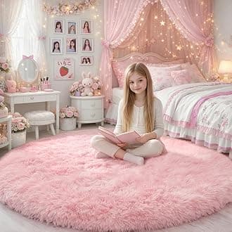 Pink Fluffy Round Rug 5Ft for Girls Bedroom Decor Aesthetic, Shaggy Circle Area Rugs for Kids Room Living Room, Cute Fuzzy Carpet for Nursery, Dorm, Classroom, Teen, Princess, Comfy Baby Playroom Rug