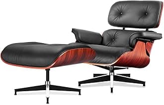 Top Black Grain Leather, Mid Century Chaise Lounge Chair and Ottoman, Modern Chair Classic Design, Heavy Duty Base Support for Living Room Study Lounge Office, Darkrosewood