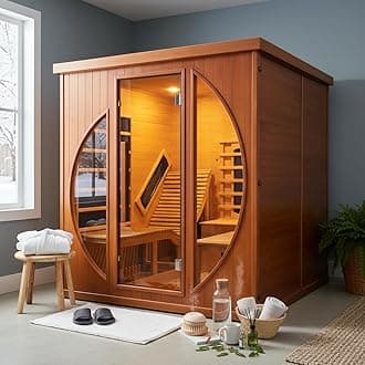 iDOTODO Infrared Wooden Sauna Room with Recliner, 2 Person Infrared Home Sauna, 220V，3400W, 5 Heating Tubes, 4 Carbon Crystal Heating Panel, Bluetooth Speakers, 7 Color Light, Oxygen Bar