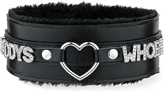 Pink Furry Heart O-ring Leather Choker Collar For Women, Handmade Punk Gothic Letter Necklace Adjustable Fashion Jewerly