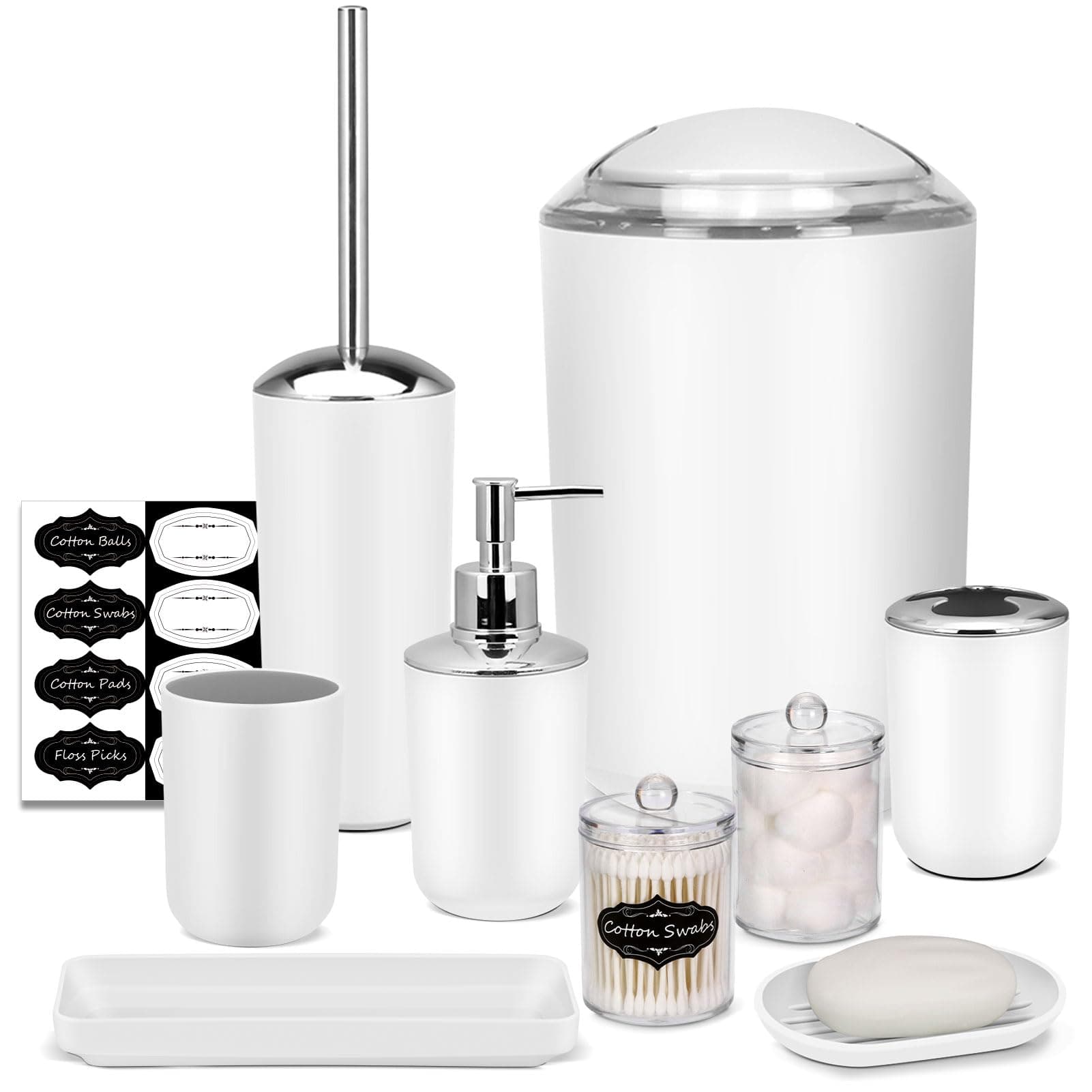 IMAVO Bathroom Accessory Set - 8 Pcs White Set with Trash Can, Soap Dispenser, Soap Dish, Toothbrush Holder, Toothbrush Cup, Toilet Brush Holder, Qtip Dispenser